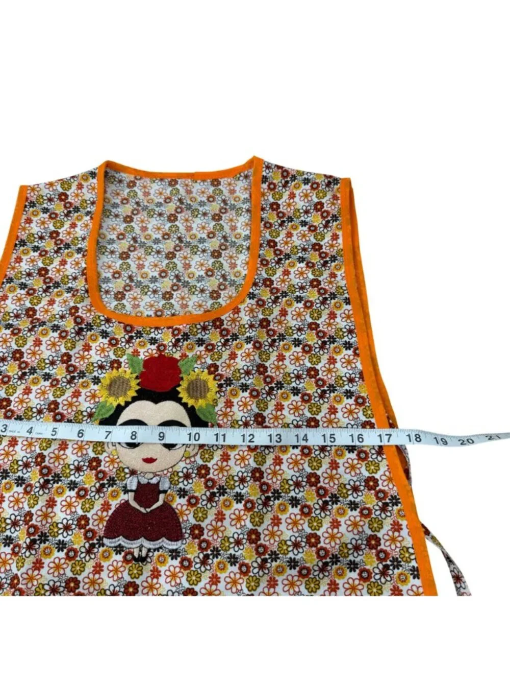 Women Apron Frida-Inspired Floral Front Pockets Orange Trim One Size